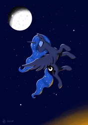 Size: 2048x2897 | Tagged: safe, artist:darkdabula, derpibooru import, princess luna, pony, dusk, flying, moon