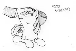 Size: 649x441 | Tagged: safe, artist:anonymous, derpibooru import, apple bloom, oc, oc:anon, earth pony, human, pony, /mlp/, 4chan, cute, drawthread, monochrome, petting, text, traditional art