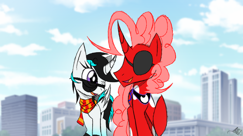 Size: 1280x720 | Tagged: safe, artist:didun850, derpibooru import, oc, oc:ai, oc:hydro rose, unofficial characters only, alicorn, pony, unicorn, alicorn oc, building, clothes, cloud, duo, eyepatch, horn, one eye closed, peytral, raised hoof, scarf, sunglasses, unicorn oc, wings, wink