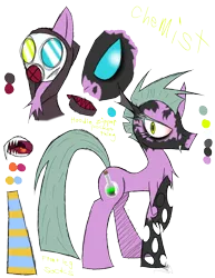 Size: 888x1150 | Tagged: artist:didun850, bust, changeling, changeling oc, clothes, derpibooru import, gas mask, hood, mask, oc, oc:chemist, safe, sharp teeth, simple background, socks, striped socks, teeth, transparent background, unofficial characters only