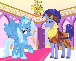 Size: 1592x1272 | Tagged: safe, derpibooru import, edit, hoo'far, trixie, alicorn, pony, unicorn, alicornified, christmas, colored hooves, crown, cutie mark, female, holiday, hoof shoes, jewelry, male, mare, mistleholly, necklace, race swap, regalia, saddle arabia, shipping, spread wings, stallion, straight, trixfar, trixiecorn, wings