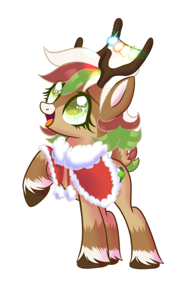 Size: 1024x1587 | Tagged: artist:lazuli, artist:wicked-red-art, base used, christmas, christmas lights, clothes, coat, commission, cute, deer, deer oc, derpibooru import, female, holiday, multicolored hair, oc, oc:olive (reindeer), open mouth, raised hoof, reindeer, safe, simple background, solo, transparent background, unofficial characters only, unshorn fetlocks