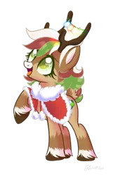 Size: 1024x1587 | Tagged: artist:lazuli, artist:wicked-red-art, base used, christmas, christmas lights, clothes, coat, commission, cute, deer, deer oc, derpibooru import, female, holiday, multicolored hair, oc, oc:olive (reindeer), open mouth, raised hoof, reindeer, safe, simple background, solo, transparent background, unofficial characters only, unshorn fetlocks