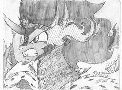 Size: 1040x769 | Tagged: safe, artist:petanoprime, derpibooru import, king sombra, pony, umbrum, unicorn, bust, cloak, clothes, grin, male, monochrome, signature, smiling, solo, sombra eyes, stallion, traditional art