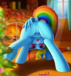 Size: 988x1065 | Tagged: suggestive, artist:gouransion, derpibooru import, rainbow dash, pegasus, pony, butt, candy, candy cane, christmas, christmas tree, dock, drool, featureless crotch, female, fireplace, food, holiday, looking at you, mare, plot, rainbutt dash, sexy, solo, solo female, stupid sexy rainbow dash, tree