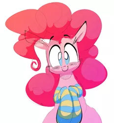 Size: 1125x1212 | Tagged: safe, artist:hattsy, derpibooru import, pinkie pie, earth pony, pony, c:, clothes, cute, diapinkes, female, hooves to the chest, looking at you, mare, no pupils, simple background, smiling, socks, solo, striped socks, white background