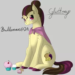 Size: 2000x2000 | Tagged: safe, artist:dreamyartcosplay, derpibooru import, ponified, earth pony, pony, cape, clothes, cupcake, female, food, freckles, gluttony, hair bun, mare, seven deadly sins, signature, sitting, solo, text, unshorn fetlocks