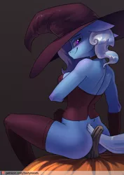 Size: 848x1200 | Tagged: suggestive, artist:chrysalisdraws, derpibooru import, trixie, anthro, unicorn, ass, bodice, bottomless, breasts, busty trixie, butt, choker, clothes, corset, digital art, evening gloves, female, floppy ears, gloves, hat, lidded eyes, long gloves, looking back, missing cutie mark, partial nudity, patreon, patreon logo, pumpkin, sitting, smiling, smirk, socks, solo, solo female, stockings, the great and powerful ass, thigh highs, witch hat