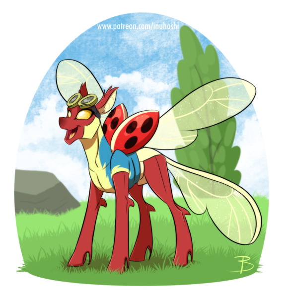 Size: 1514x1578 | Tagged: artist:inuhoshi-to-darkpen, changedling, changedling oc, changeling, changeling oc, clothes, derpibooru import, female, goggles, insect, ladybug, ladybug changeling, oc, oc:coccinella, red changeling, safe, simple background, solo, spread wings, transparent background, uniform, unofficial characters only, wings, wonderbolt trainee uniform