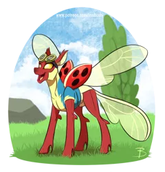 Size: 1514x1578 | Tagged: artist:inuhoshi-to-darkpen, changedling, changedling oc, changeling, changeling oc, clothes, derpibooru import, female, goggles, insect, ladybug, ladybug changeling, oc, oc:coccinella, red changeling, safe, simple background, solo, spread wings, transparent background, uniform, unofficial characters only, wings, wonderbolt trainee uniform