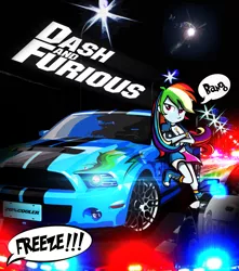 Size: 1761x1992 | Tagged: safe, artist:dan232323, derpibooru import, rainbow dash, equestria girls, car, crossover, dialogue, fast and furious, female, mustang, parody, police, shelby gt500 mustang, solo, speech bubble, the fast and the furious