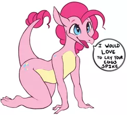 Size: 2450x2215 | Tagged: safe, artist:slimeprnicess, derpibooru import, pinkie pie, dragon, 4chan, dialogue, dragonified, drawthread, female, heart eyes, implied impregnation, implied pinkiespike, implied shipping, implied spike, implied straight, /mlp/, pinkiedragon, simple background, soliciting, solo, species swap, speech bubble, text, white background, wingding eyes