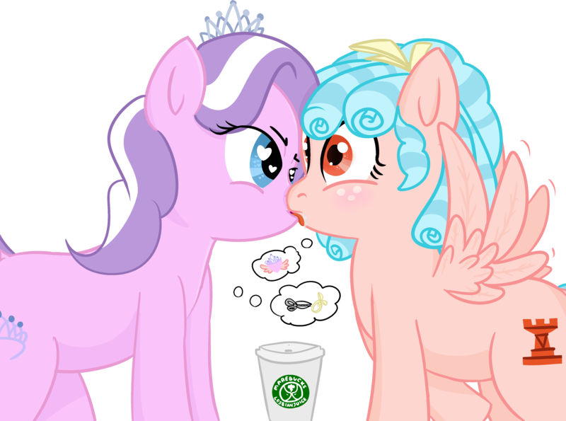 Size: 4096x3045 | Tagged: suggestive, artist:poniidesu, derpibooru import, cozy glow, diamond tiara, earth pony, pegasus, pony, bow, clothes, cozybetes, crack shipping, cute, female, filly, french kiss, implied foalcon, jewelry, kissing, lesbian, shipping, simple background, spread wings, starbucks, thought bubble, tiara, transparent background, wingboner, wings