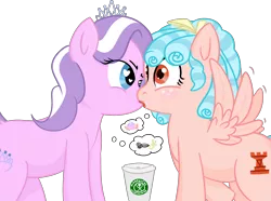 Size: 4096x3045 | Tagged: suggestive, artist:poniidesu, derpibooru import, cozy glow, diamond tiara, earth pony, pegasus, pony, bow, clothes, cozybetes, crack shipping, cute, female, filly, french kiss, implied foalcon, jewelry, kissing, lesbian, shipping, simple background, spread wings, starbucks, thought bubble, tiara, transparent background, wingboner, wings