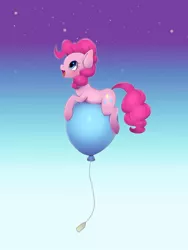 Size: 1024x1365 | Tagged: safe, artist:ayahana, derpibooru import, pinkie pie, earth pony, pony, balloon, cute, diapinkes, female, floating, gradient background, mare, open mouth, profile, prone, sky, solo, then watch her balloons lift her up to the sky