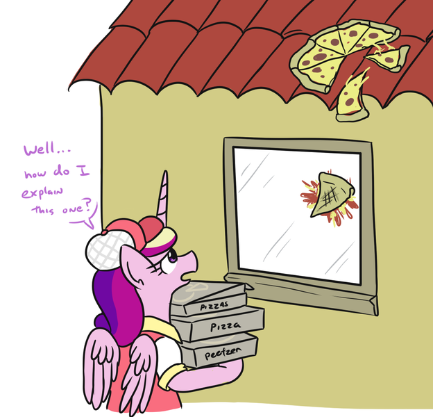 Size: 1072x1031 | Tagged: safe, artist:jargon scott, derpibooru import, princess cadance, alicorn, pony, baseball cap, breaking bad, cadance's pizza delivery, cap, clothes, dialogue, female, food, hat, house, mare, meat, peetzer, pepperoni, pepperoni pizza, pizza, pizza box, solo, window