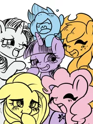 Size: 1200x1600 | Tagged: safe, artist:ayahana, derpibooru import, applejack, fluttershy, pinkie pie, rainbow dash, rarity, twilight sparkle, pony, crying, cute, eyes closed, female, floppy ears, laughing, laughingmares.jpg, limited palette, mane six, mare, nose in the air, open mouth, pixiv, simple background, smiling, tears of laughter, teary eyes, white background