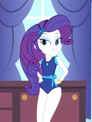 Size: 1536x2048 | Tagged: safe, artist:draymanor57, derpibooru import, rarity, equestria girls, clothes, hands on hip, leotard, one-piece swimsuit, pocket ponies, solo, swimsuit