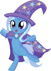 Size: 5582x7817 | Tagged: safe, artist:cyanlightning, derpibooru import, trixie, pony, unicorn, .svg available, absurd resolution, bipedal, cape, clothes, cute, diatrixes, ear fluff, female, filly, filly trixie, happy, hat, open mouth, simple background, sitting, smiling, solo, standing, transparent background, trixie's cape, trixie's hat, vector, weapons-grade cute, younger