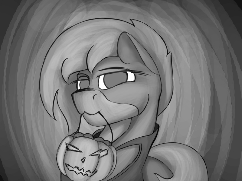 Size: 2000x1500 | Tagged: safe, artist:diskrt, derpibooru import, oc, earth pony, pony, candy, food, halloween, holiday, monochrome, mouth hold, pumpkin, pumpkin bucket, solo, trick or treat