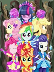 Size: 679x902 | Tagged: safe, artist:samyvillaly, derpibooru import, applejack, fluttershy, pinkie pie, rainbow dash, rarity, sci-twi, sunset shimmer, twilight sparkle, equestria girls, legend of everfree, clothes, crystal guardian, everfree forest, geode of empathy, geode of shielding, geode of super speed, geode of super strength, geode of telekinesis, humane five, humane seven, humane six, magical geodes, ponied up, suit