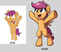 Size: 1792x1539 | Tagged: armpits, art evolution, artist:wenni, belly button, bipedal, blank flank, comparison, cute, cutealoo, derpibooru import, draw this again, female, filly, happy, hooves in air, open mouth, pegasus, redraw, safe, scootaloo, semi-anthro, smiling, solo, spread wings, underhoof, wings