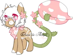 Size: 648x487 | Tagged: artist:ad-opt, augmented tail, colored hooves, derpibooru import, eye clipping through hair, flower, flower in hair, monster pony, neckerchief, oc, oc:bloom, oc:blossom, original species, piranha plant pony, plant, plant pony, safe, signature, simple background, solo, tail mouth, transparent background