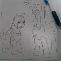 Size: 1076x1078 | Tagged: safe, artist:omegapony16, derpibooru import, oc, oc:oriponi, unofficial characters only, bat pony, pony, unicorn, bat pony oc, bat wings, clothes, duo, glare, horn, lineart, lined paper, pen, photo, traditional art, unicorn oc, wings