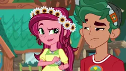 Size: 1920x1080 | Tagged: safe, derpibooru import, screencap, gloriosa daisy, timber spruce, equestria girls, legend of everfree, camp everfree outfits, clothes, female, flower, flower in hair, geode of fauna, geode of shielding, geode of sugar bombs, geode of super speed, geode of super strength, magical geodes, male, microphone