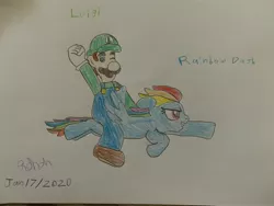 Size: 4032x3024 | Tagged: crossover, crossover shipping, derpibooru import, female, flying, humans riding ponies, luigi, luigidash, male, nintendo, one eye closed, pegasus, rainbow dash, riding, safe, straight, super mario bros., traditional art, wink