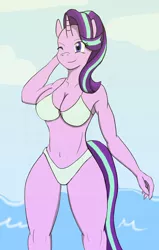 Size: 595x936 | Tagged: anthro, artist:afhybrid, bikini, breasts, busty starlight glimmer, clothes, derpibooru import, ocean, one eye closed, sky, smiling, solo, starlight glimmer, suggestive, swimsuit, wink