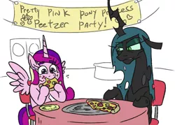 Size: 988x708 | Tagged: safe, artist:jargon scott, derpibooru import, princess cadance, queen chrysalis, alicorn, changeling, changeling queen, pony, /mlp/, alliteration, disgusted, drawthread, eating, female, food, image, mare, meat, mushroom, peetzer, pepperoni, pepperoni pizza, pizza, png, ponies eating meat, that pony sure does love pizza