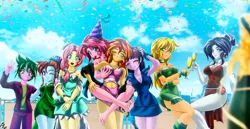 Size: 4154x2137 | Tagged: safe, alternate version, artist:mauroz, derpibooru import, applejack, fluttershy, pinkie pie, rainbow dash, rarity, spike, sunset shimmer, twilight sparkle, human, armpits, beach, blushing, breast grab, breasts, champagne, cleavage, clothes, confetti, digital art, dress, female, grope, happy new year, hat, holiday, human spike, humanized, lesbian, mane six, midriff, party hat, shipping, side slit, skirt, smiling, sunsetpie, tongue out