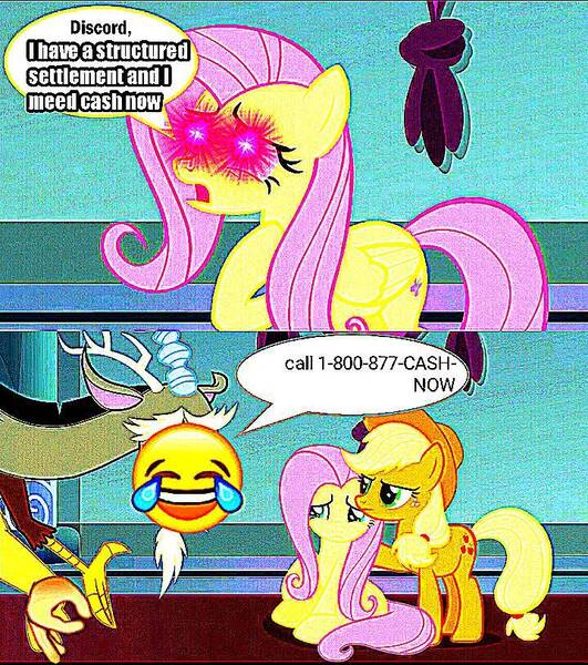 Size: 719x813 | Tagged: 👌, 😂, 1-800-877-cash-now, 877-cash-now, advertisement, angry, applejack, applejack is not amused, crying, deep fried meme, derpibooru import, discord, discord tries to defend himself, edit, edited screencap, fluttershy, glowing eyes, h, j.g. wentworth, meme, op needs sleep, sad, safe, screencap, structured settlement, stupid, the ending of the end, unamused