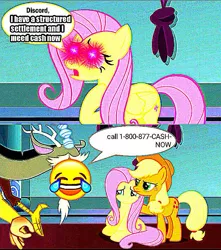 Size: 719x813 | Tagged: 👌, 😂, 1-800-877-cash-now, 877-cash-now, advertisement, angry, applejack, applejack is not amused, crying, deep fried meme, derpibooru import, discord, discord tries to defend himself, edit, edited screencap, fluttershy, glowing eyes, h, j.g. wentworth, meme, op needs sleep, sad, safe, screencap, structured settlement, stupid, the ending of the end, unamused