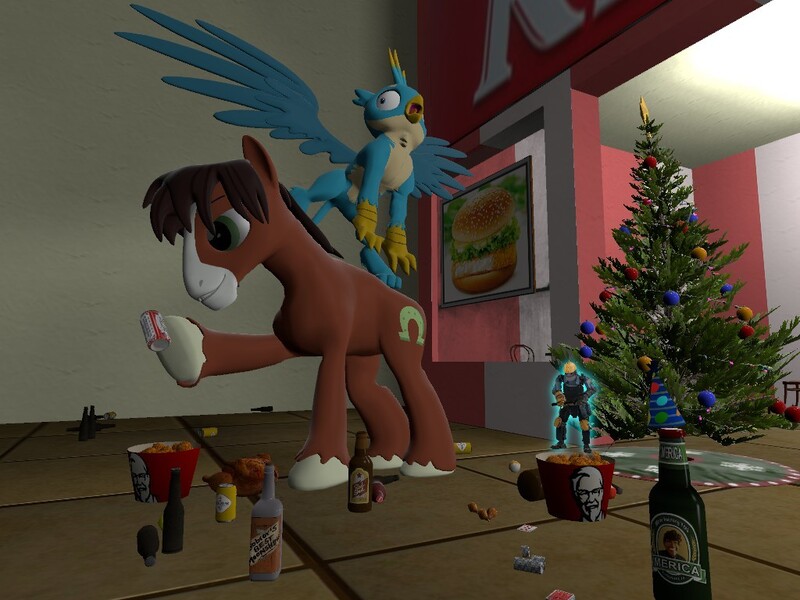 Size: 1024x768 | Tagged: 3d, artist:horsesplease, christmas, christmas tree, crowing, derpibooru import, drunk, drunken shoes, engineer, food, gallus, gallus the rooster, gmod, griffon on top of pony, griffon on top of pony action, holiday, kfc, meat, safe, tree, trouble shoes