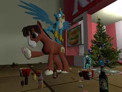 Size: 1024x768 | Tagged: 3d, artist:horsesplease, christmas, christmas tree, crowing, derpibooru import, drunk, drunken shoes, engineer, food, gallus, gallus the rooster, gmod, griffon on top of pony, griffon on top of pony action, holiday, kfc, meat, safe, tree, trouble shoes