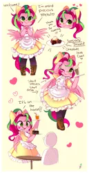 Size: 600x1162 | Tagged: anthro, apron, arm hooves, artist:ipun, cake, chibi, clothes, derpibooru import, deviantart watermark, dress, female, food, friendship cafe, heart, maid, mare, milkshake, obtrusive watermark, oc, oc:precious metal, pegasus, safe, shoes, socks, solo, unguligrade anthro, unofficial characters only, watermark