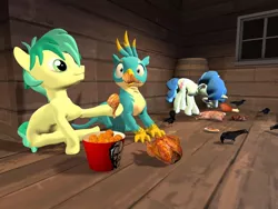 Size: 1024x768 | Tagged: 3d, artist:horsesplease, bird, chicken, derpibooru import, doggie favor, eating, food, gallus, gallus the rooster, gmod, kfc, meat, party favor, ponies eating meat, safe, sandbar