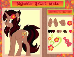 Size: 1600x1227 | Tagged: safe, artist:missmele-madness, derpibooru import, oc, oc:bramble angel mele, pony, unicorn, ear piercing, earring, female, hibiscus, jewelry, mare, piercing, reference sheet, solo