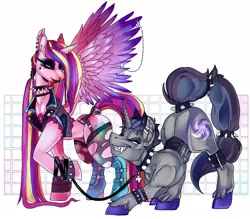 Size: 1280x1120 | Tagged: safe, artist:rancidious, derpibooru import, princess cadance, oc, oc:verlo streams, unicorn, anklet, ass up, black lipstick, bracelet, clothes, collar, corset, decadence, ear piercing, eyeshadow, fangs, female, femdom, goth, jacket, leash, leather jacket, lipstick, makeup, nose piercing, nose ring, pet play, piercing, socks, spiked collar, spiked wristband, stockings, tail wrap, tailcuff, thigh highs, torn clothes, torn stockings, wing piercing, wristband