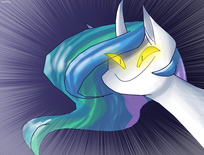 Size: 2100x1600 | Tagged: safe, artist:spirit-fire360, derpibooru import, princess celestia, alicorn, pony, creepy, creepy smile, faic, female, glowing eyes, mare, no nose, reaction image, smiling, solo, stylistic suck