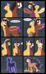 Size: 5000x8000 | Tagged: safe, artist:chedx, author:bigonionbean, derpibooru import, flash sentry, trouble shoes, oc, oc:fast hooves, clydesdale, earth pony, pegasus, pony, comic:the fusion flashback, butt, comic, commissioner:bigonionbean, confused, dialogue, flank, forced, fuse, fusion, fusion:fast hooves, large butt, magic, merging, panicking, plot, potion, swelling