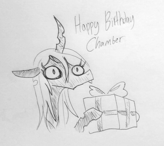 Size: 1335x1188 | Tagged: safe, artist:tjpones, derpibooru import, queen chrysalis, changeling, changeling queen, birthday, birthday gift, fangs, female, monochrome, present, simple background, sketch, traditional art, white background