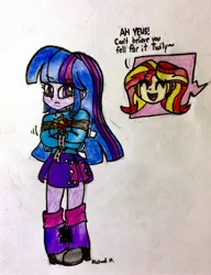 Size: 2066x2696 | Tagged: safe, artist:michaelmaddox222, deleted from derpibooru, derpibooru import, sunset shimmer, twilight sparkle, human, equestria girls, angry, bondage, clothes, colored, female, leg warmers, miniskirt, pencil drawing, pleated skirt, shoes, signature, skirt, smiling, straitjacket, traditional art