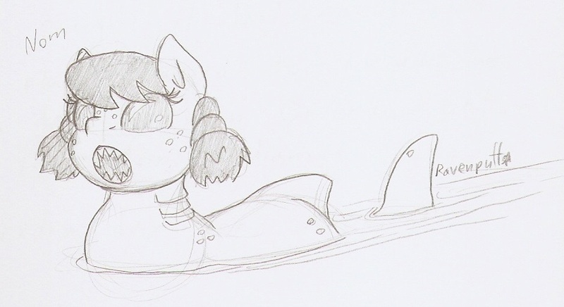 Size: 940x512 | Tagged: artist:ravenpuff, derpibooru import, monochrome, oc, oc:cookie cutter, original species, safe, shark, shark pony, solo, traditional art