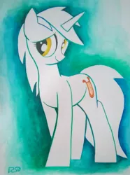 Size: 2103x2821 | Tagged: safe, artist:rsd500, derpibooru import, lyra heartstrings, pony, unicorn, aquarelle, cute, cutie mark, female, golden eyes, green background, lineart, looking at you, simple background, traditional art, watercolor painting