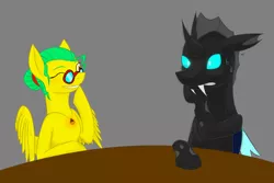 Size: 3784x2524 | Tagged: artist:crazeguy, changeling, derpibooru import, fanfic, fanfic:the changeling of the guard, female, mare, oc, oc:idol hooves, oc:topaz showers, pegasus, safe, simple background, table