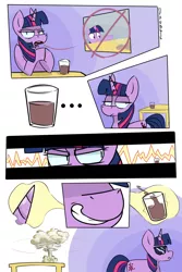 Size: 2000x3000 | Tagged: safe, artist:dfs, artist:difis, artist:dumbf, artist:furseiseki, derpibooru import, twilight sparkle, pony, unicorn, chocolate, chocolate milk, comic, cool guys don't look at explosions, deal with it, exploitable meme, explosion, food, magic, meme, milk, pure unfiltered evil, smiling, smirk, solo, spilled milk, sunglasses, table, xk-class end-of-the-milk scenario