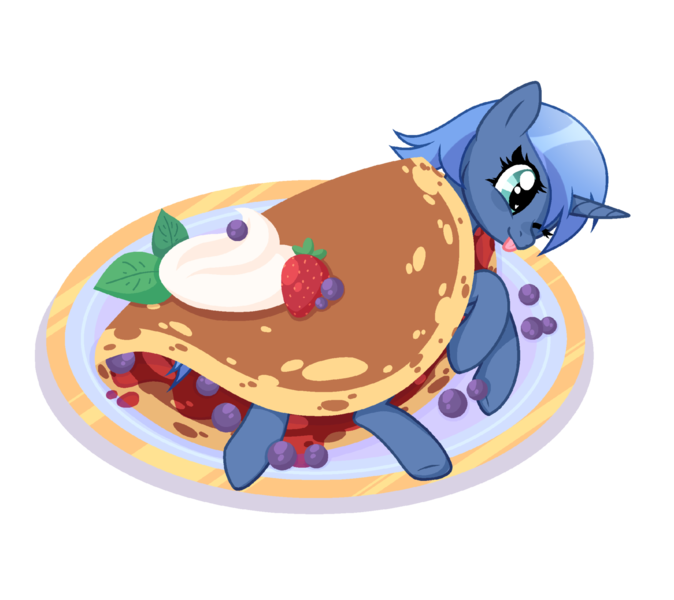 Size: 1600x1425 | Tagged: safe, artist:arshe12, derpibooru import, oc, oc:double colon, unofficial characters only, pony, unicorn, berries, commission, food, image, one eye closed, pancakes, plate, png, simple background, solo, strawberry, tongue out, transparent background, whipped cream, wink, ych result